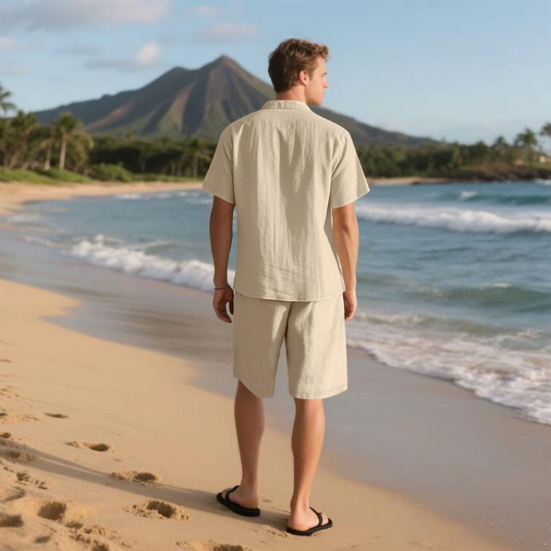 Linen Shirt Breathable - Conjunto de Shorts de Verão Masculino