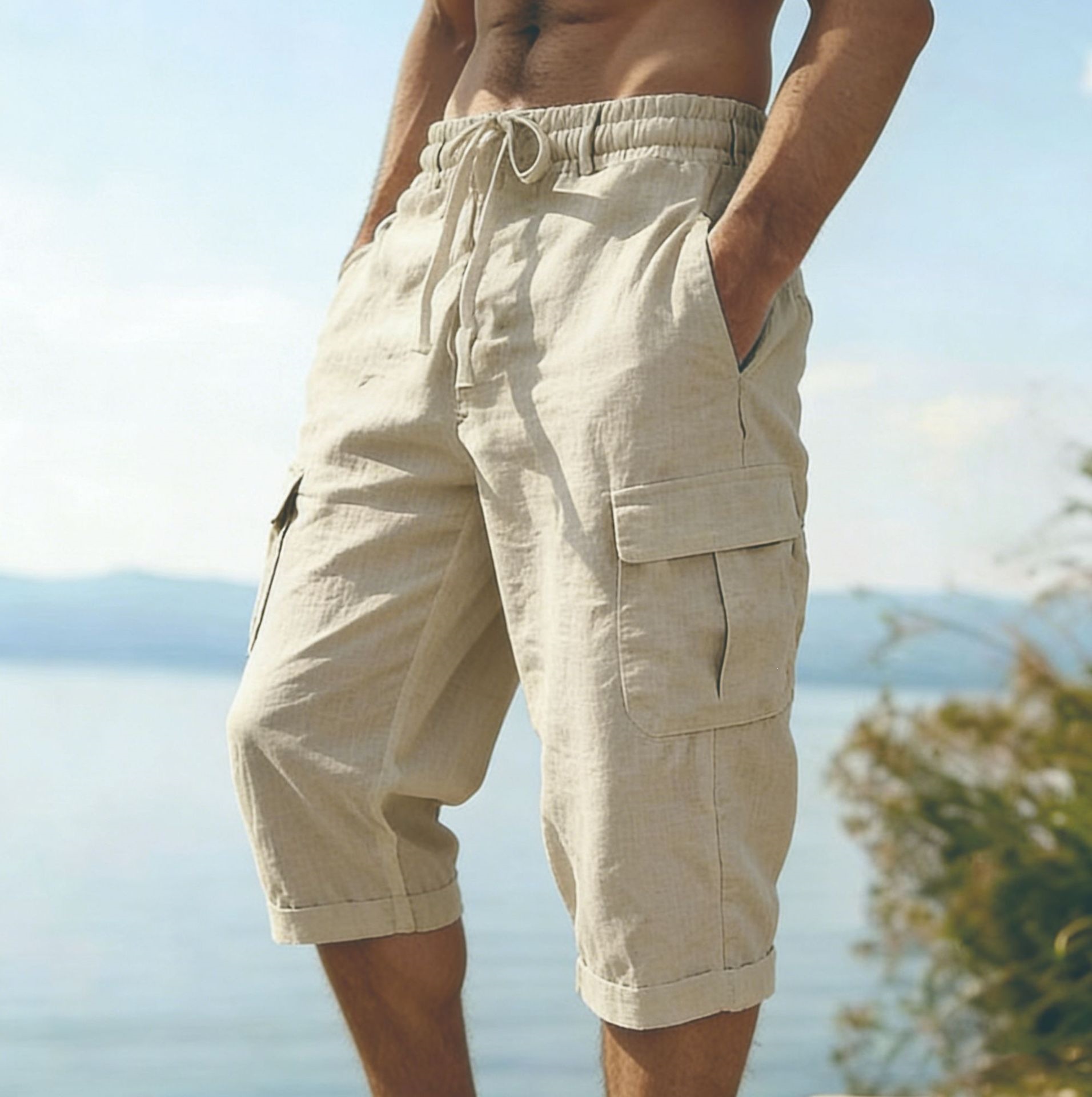 Bermudas Masculinas de Verão e - Short Linen Drawstring avaliação e preço
