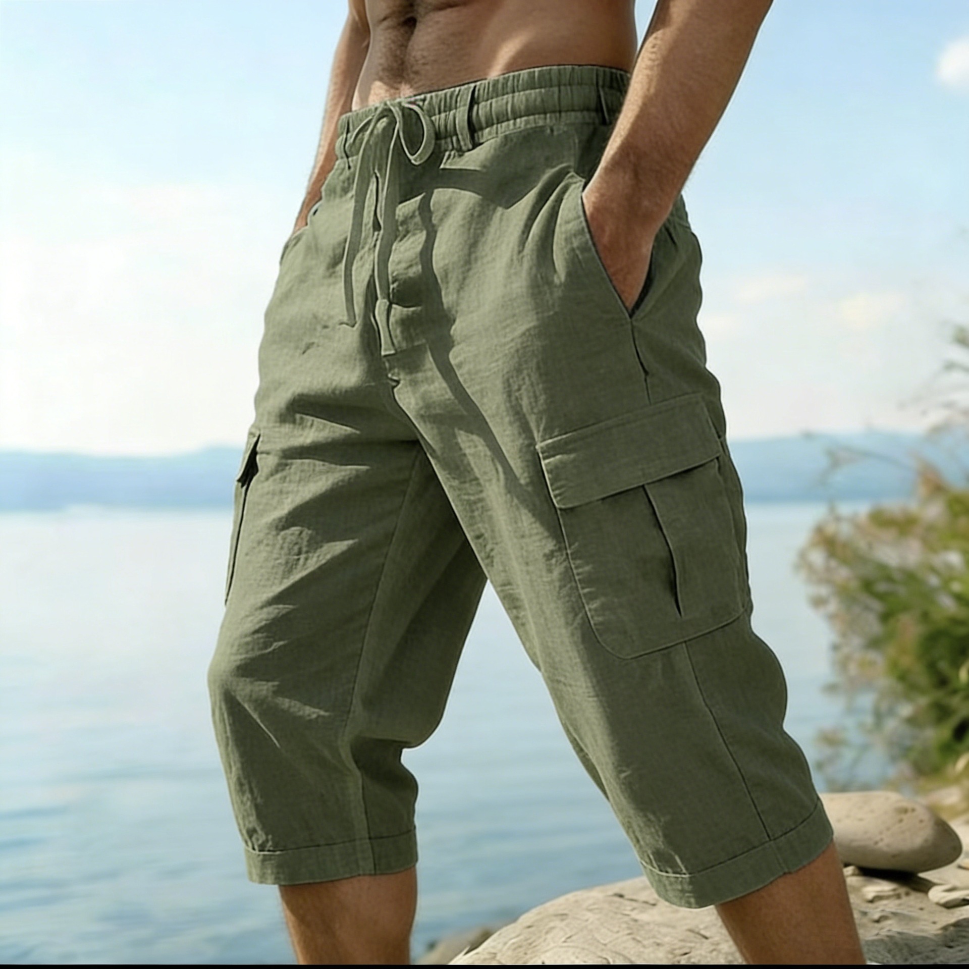 Bermudas Masculinas de Verão e - Short Linen Drawstring avaliação e preço
